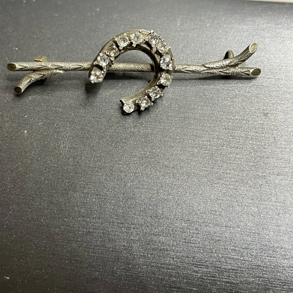 Silver Branch Lucky Horseshoe Antique Brooch White Rhinestones 800 Silver - Picture 2 of 12